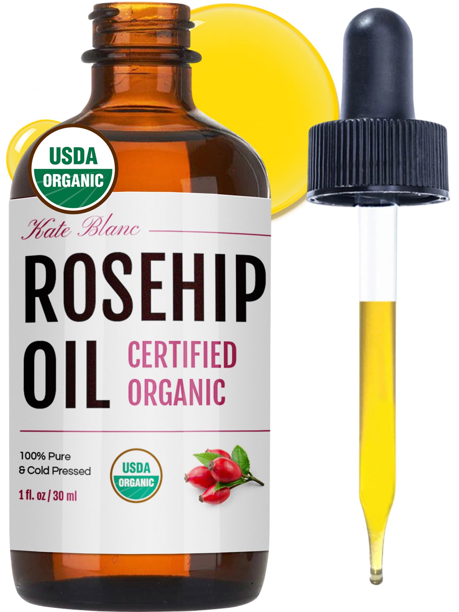 Kate Blanc Rosehip Oil bottle ready for everyday hydration.
