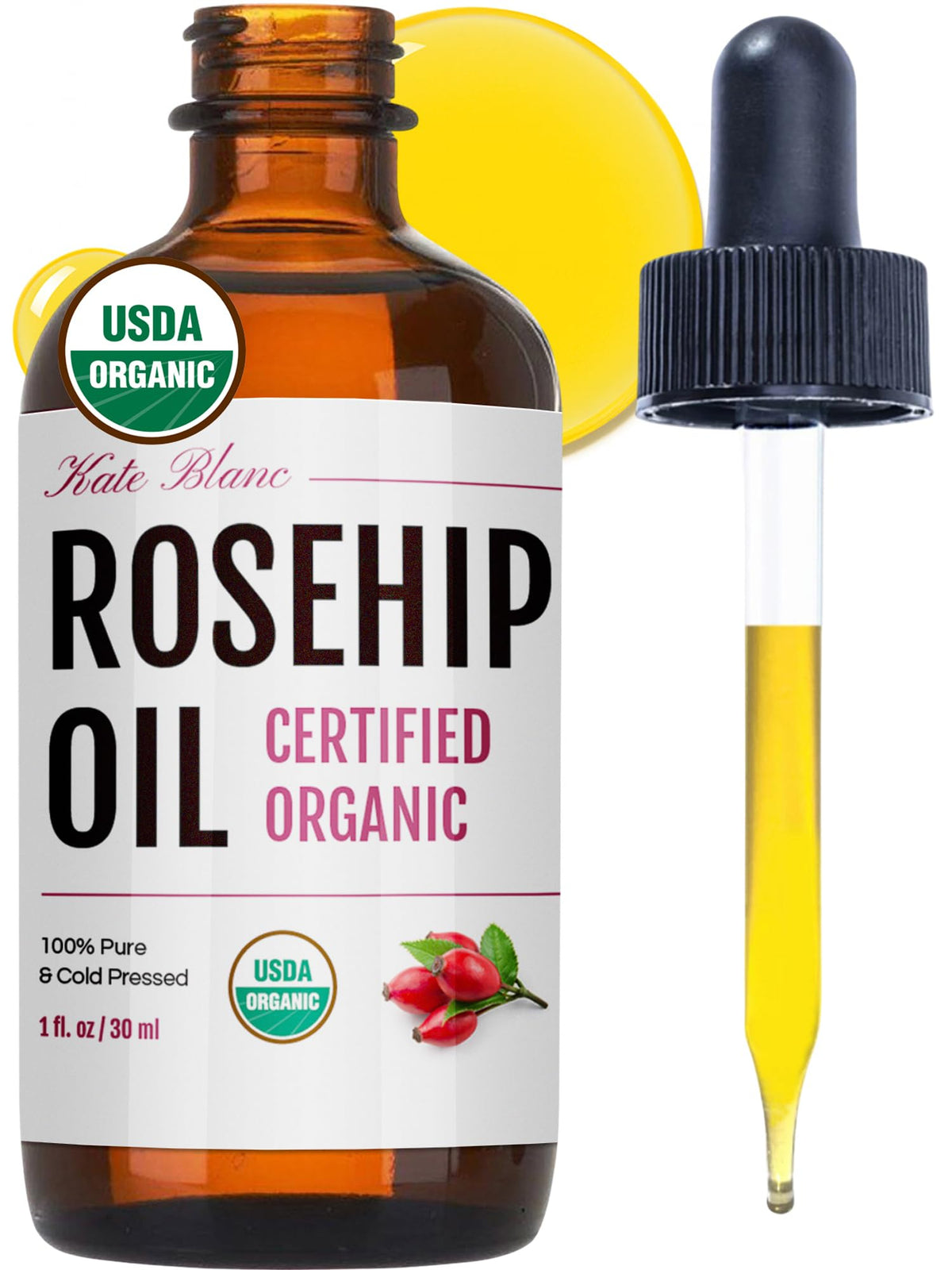 Kate Blanc Rosehip Oil bottle ready for everyday hydration.
