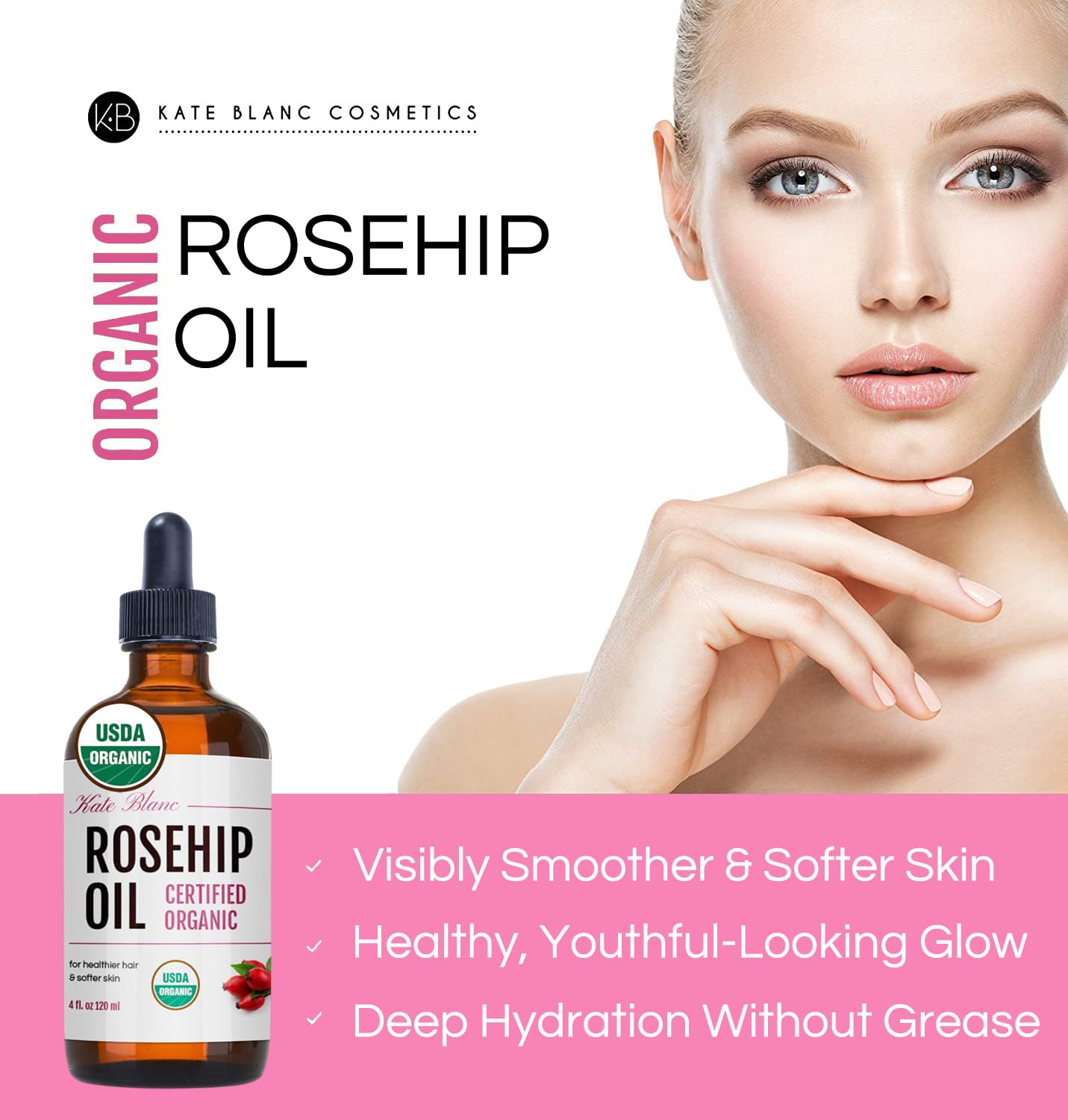 Kate Blanc Rosehip Oil with dropper enables precise, easy facial application.