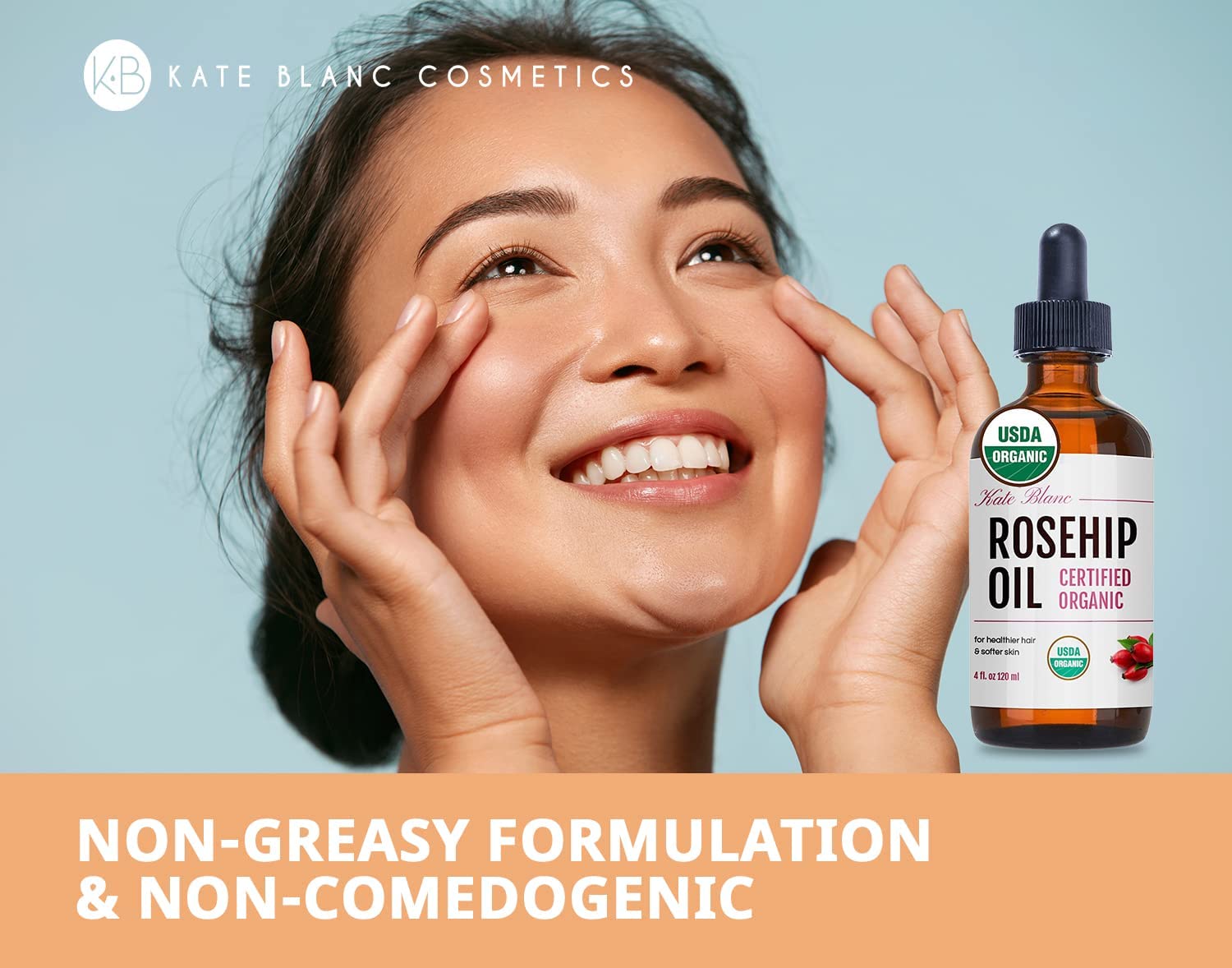 Kate Blanc Rosehip Oil bottle pour ready for daily facial use with smooth glide.