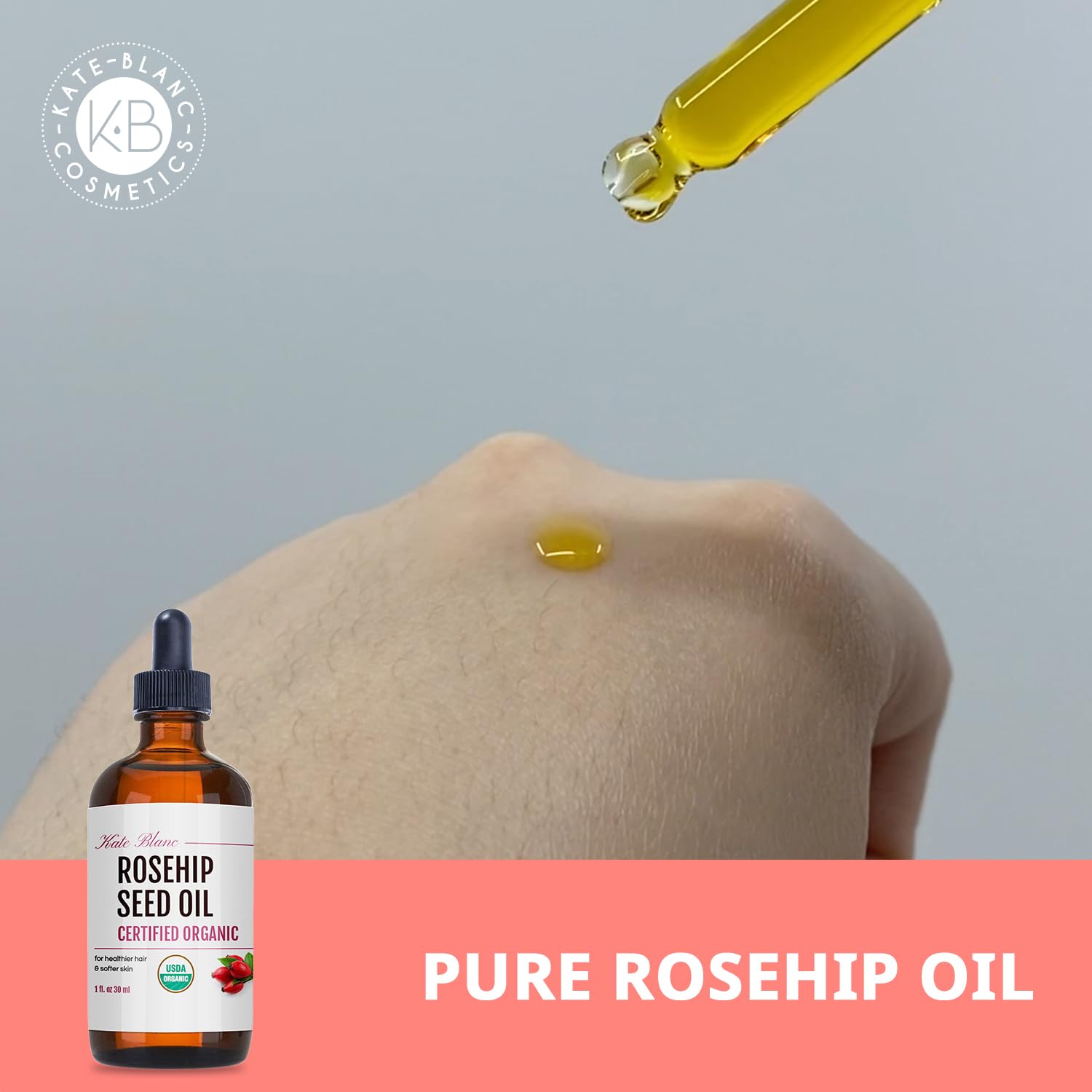 Kate Blanc Rosehip Oil massaged into skin for a refreshed glow.