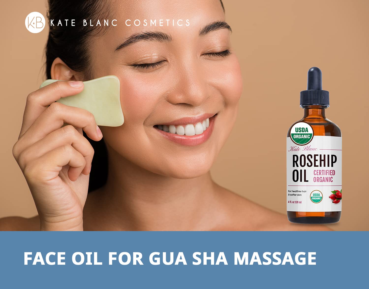 Kate Blanc Rosehip Oil used with gua sha for smoother facial massage.