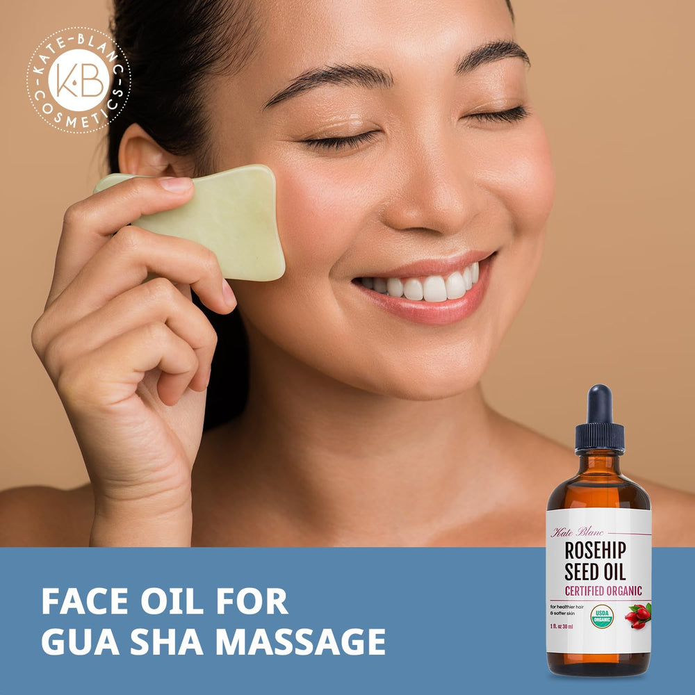 Kate Blanc Rosehip Oil gliding over skin with gua sha.