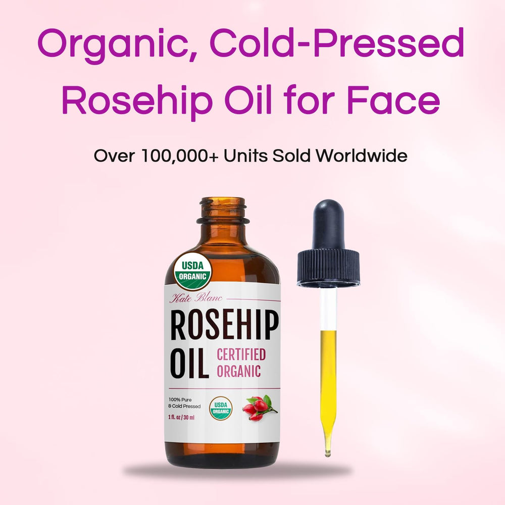 Kate Blanc Rosehip Oil label close-up emphasizing pure ingredients.