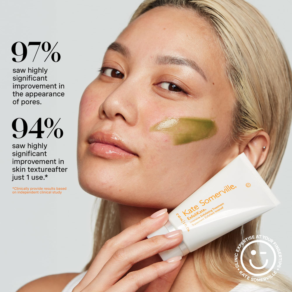 Applying Kate Somerville Exfolikate Intensive to damp skin during a quick ritual.
