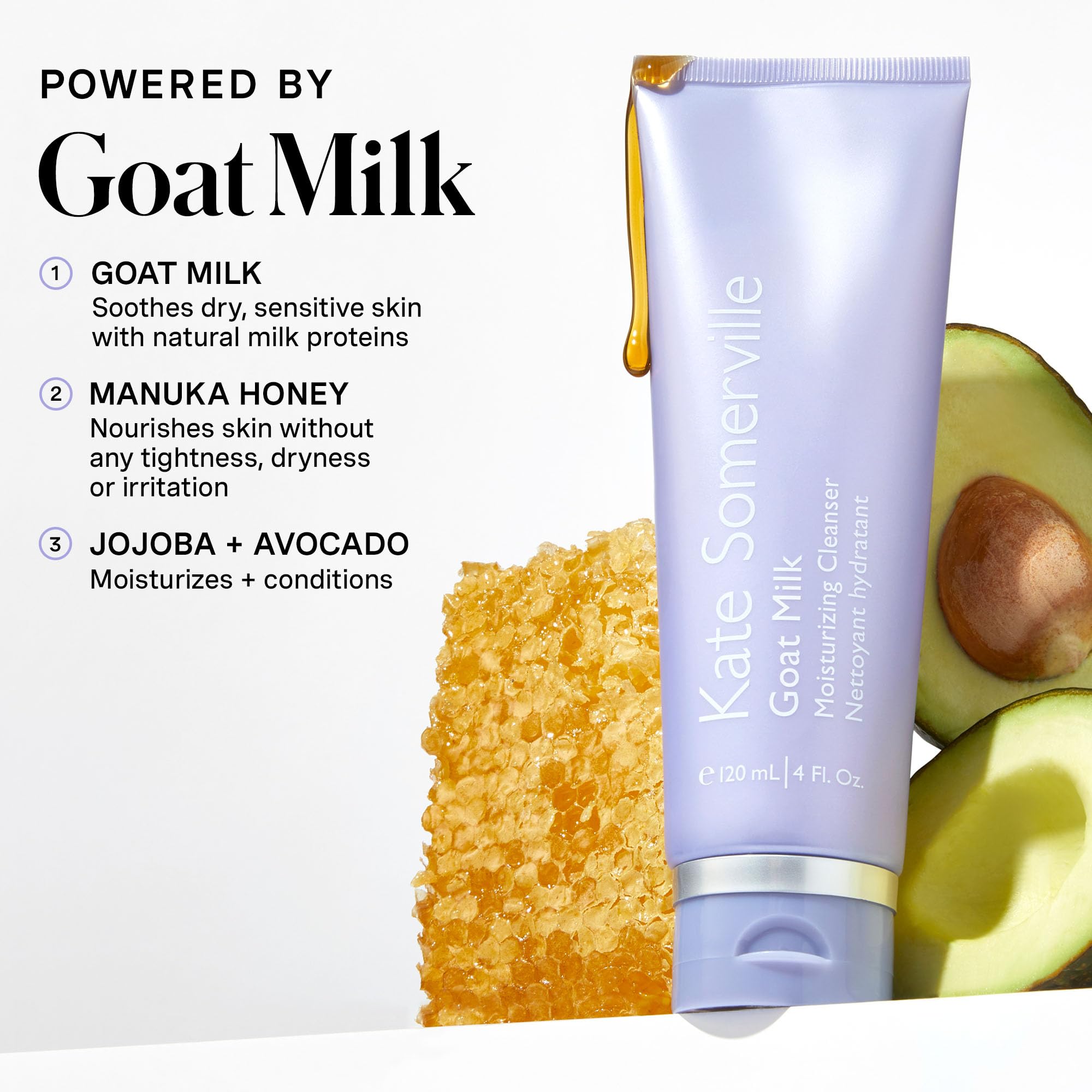 Creamy texture of Kate Somerville Goat Milk Moisturizing Cleanser in a close-up shot.