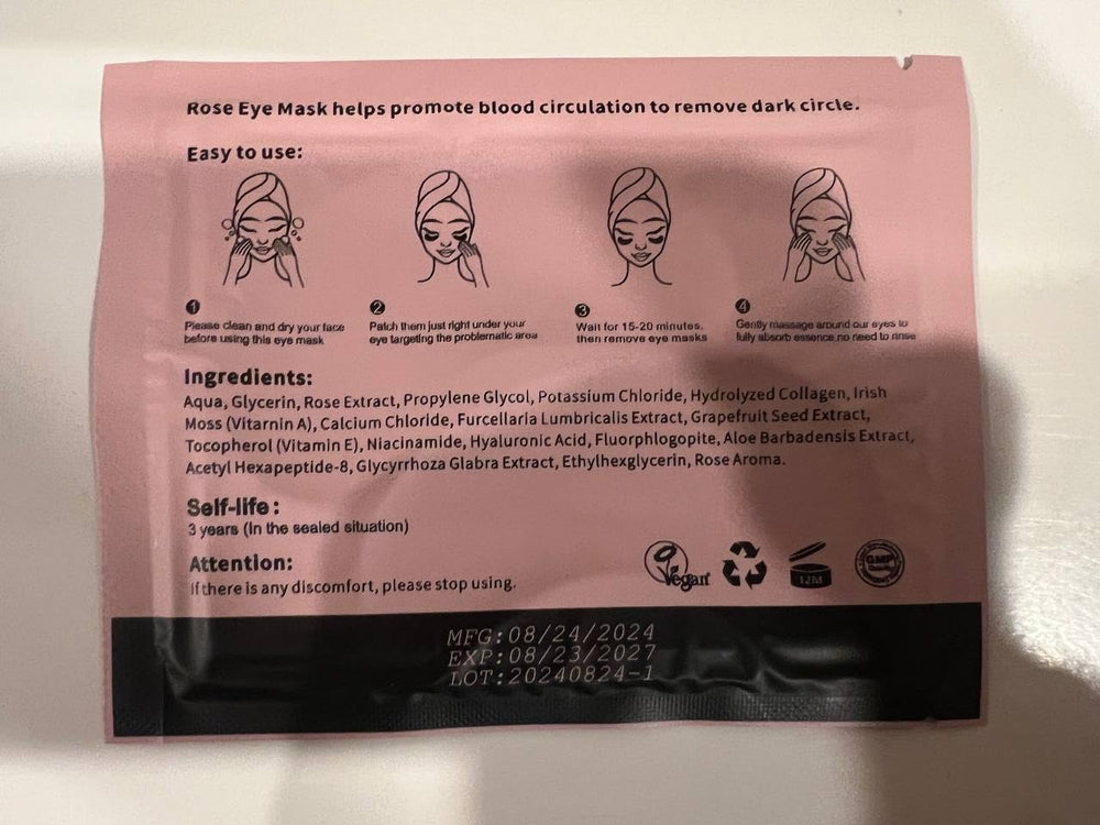 Kayali Rose Eye Patches bonus pack included with the fragrance set for under-eye care.