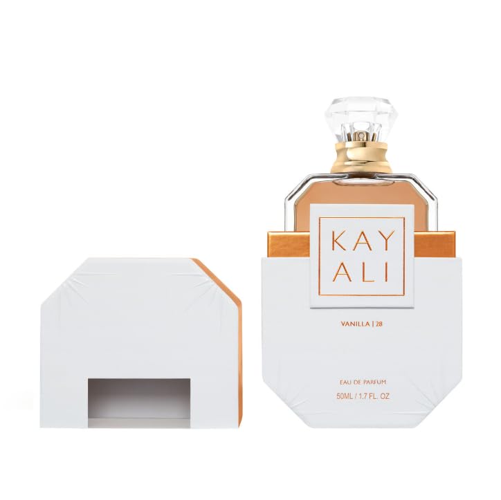 Kayali Vanilla 28 side view features timeless bottle design and easy handling.