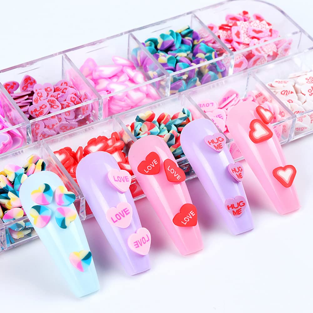 KCXUUYS Heart slices nail art glitter with soft polymer clay texture.