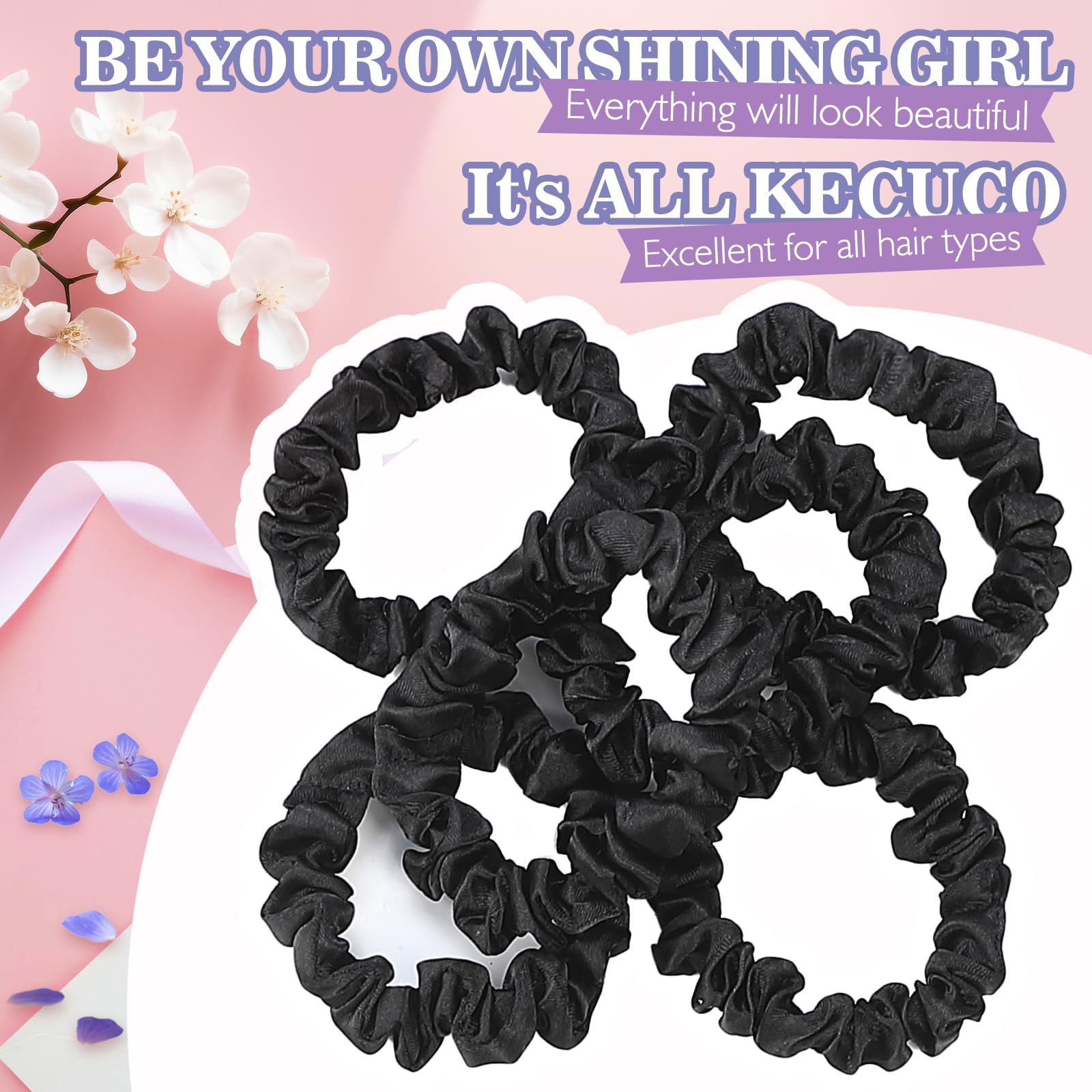KECUCO satin scrunchie worn in ponytail delivers secure hold without snagging.