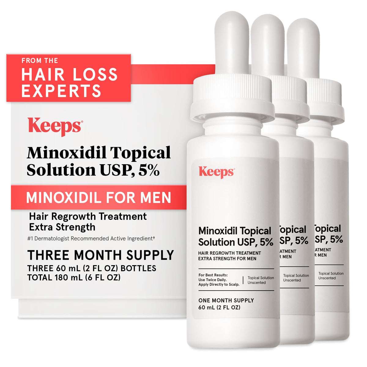 Keeps 5% Minoxidil bottle for targeted scalp application to support growth.