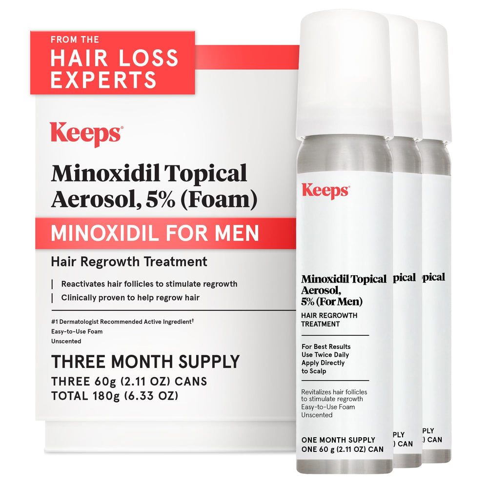 Keeps 5% Minoxidil Foam crown application demo for targeted scalp treatment and possible regrowth.