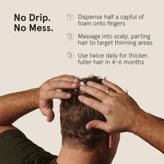 Keeps foam dispense on scalp demonstrates simple twice-daily routine for crown coverage.