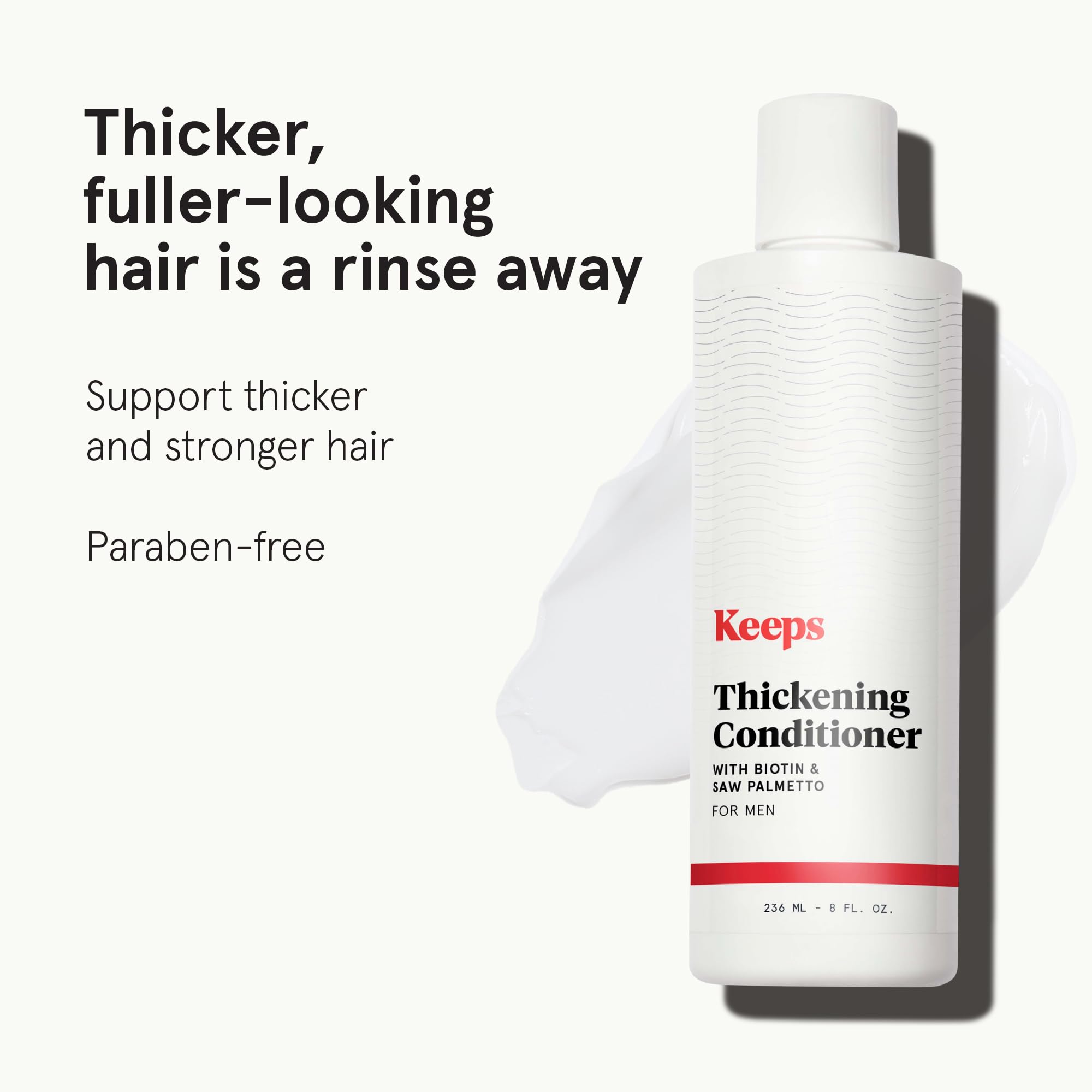 Keeps Thickening Conditioner label close-up highlights biotin and caffeine support