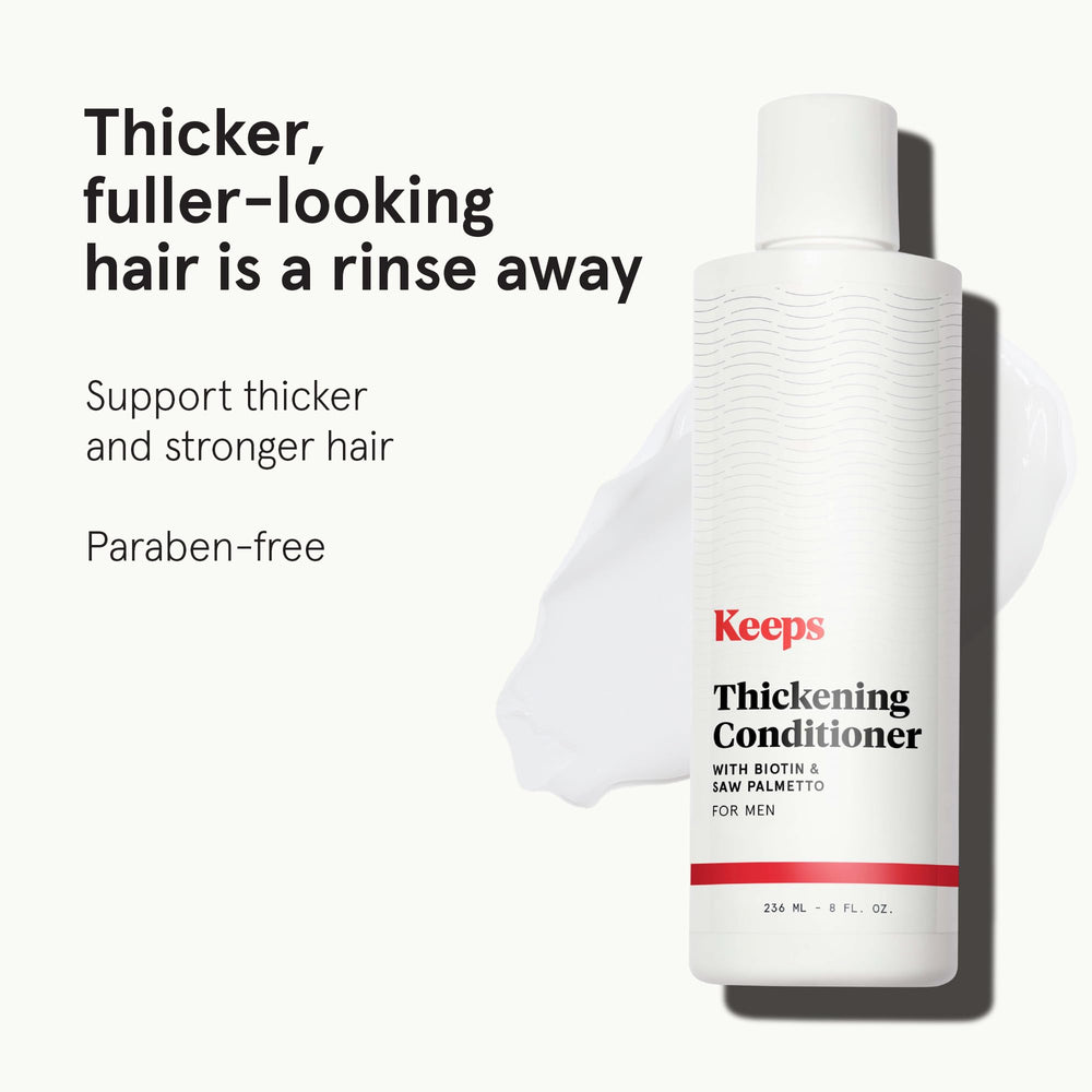 Keeps Thickening Conditioner label close-up highlights biotin and caffeine support