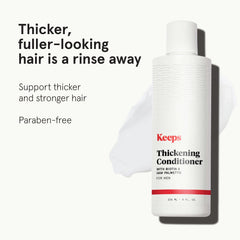 Keeps Thickening Conditioner label close-up highlights biotin and caffeine support