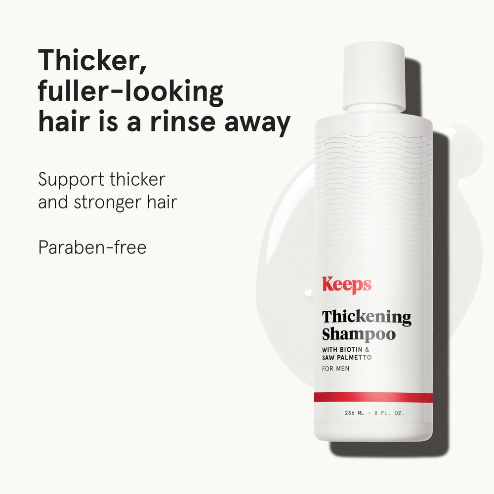 Keeps Thickening Shampoo ingredients close-up featuring biotin, caffeine, saw palmetto