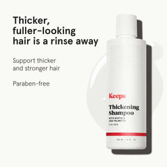 Keeps Thickening Shampoo ingredients close-up featuring biotin, caffeine, saw palmetto
