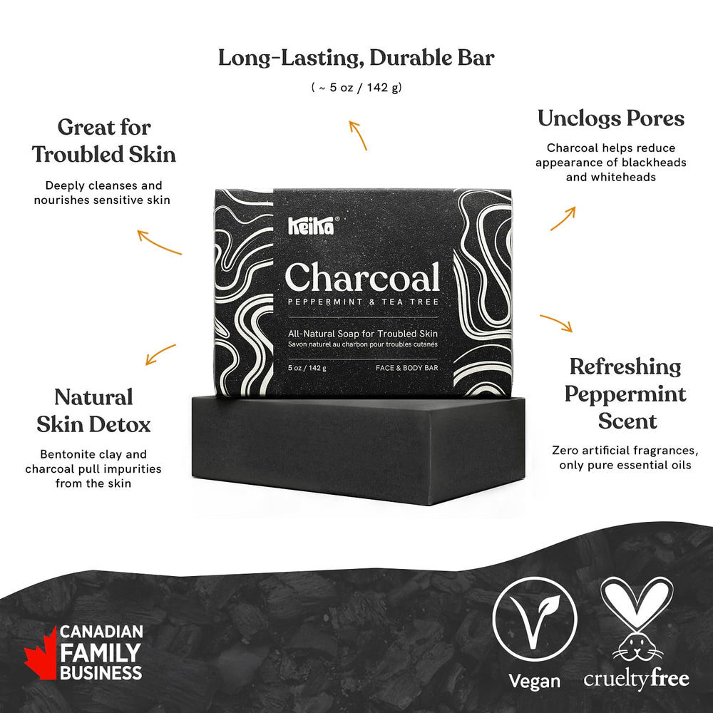 Keika Charcoal Black Soap Bar - natural botanicals with peppermint and tea tree for refreshing care.