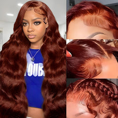 KEKEYY 28-inch reddish-brown lace front wig hairline close-up for natural blend.