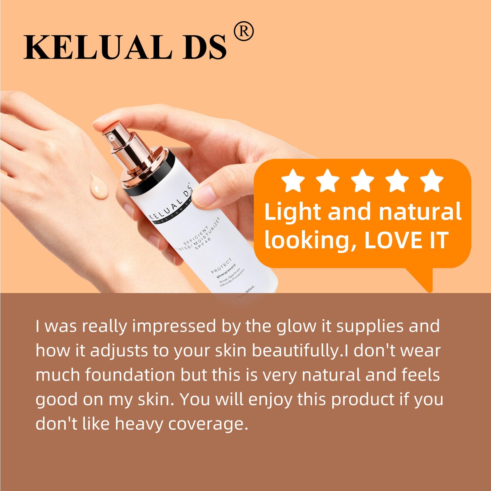 KELUAL DS: muestra de tono natural en la piel, cobertura ligera.