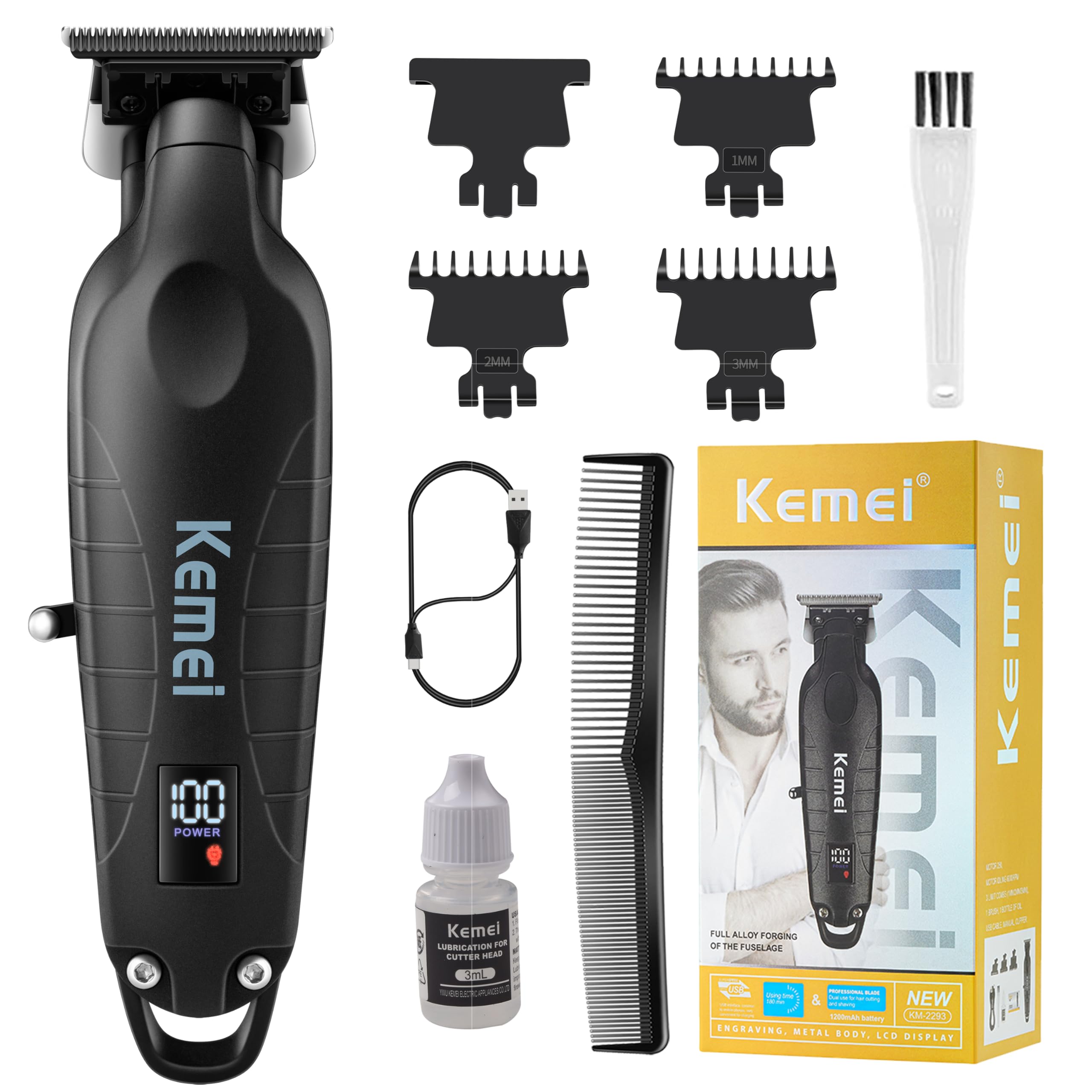 KEMEI 2293 trimmer close-up highlighting the zero-gap T-blade for precise edging
