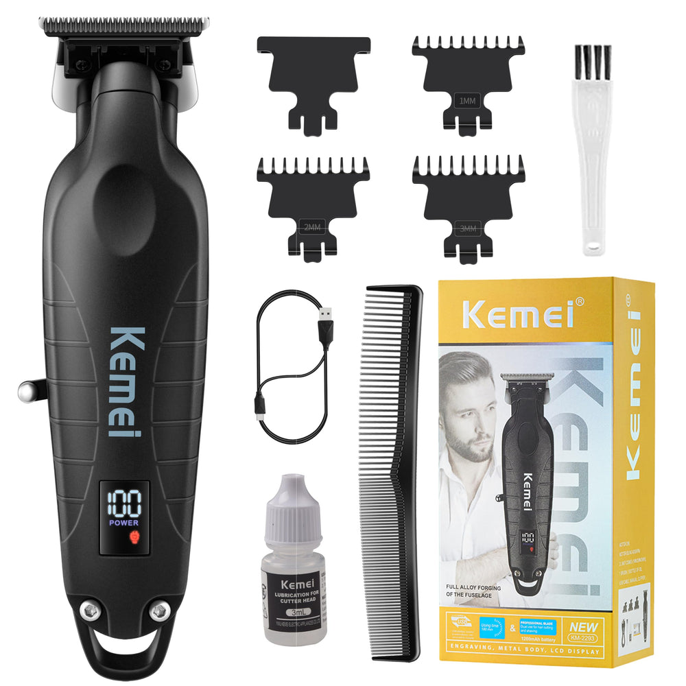 KEMEI 2293 trimmer close-up highlighting the zero-gap T-blade for precise edging