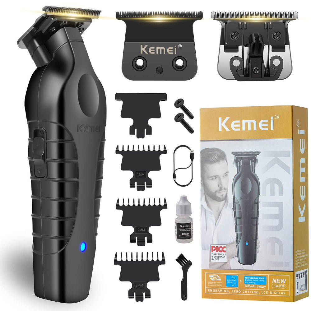 KEMEI 2299 trimmer close-up of zero-gap T-blade for precise lines