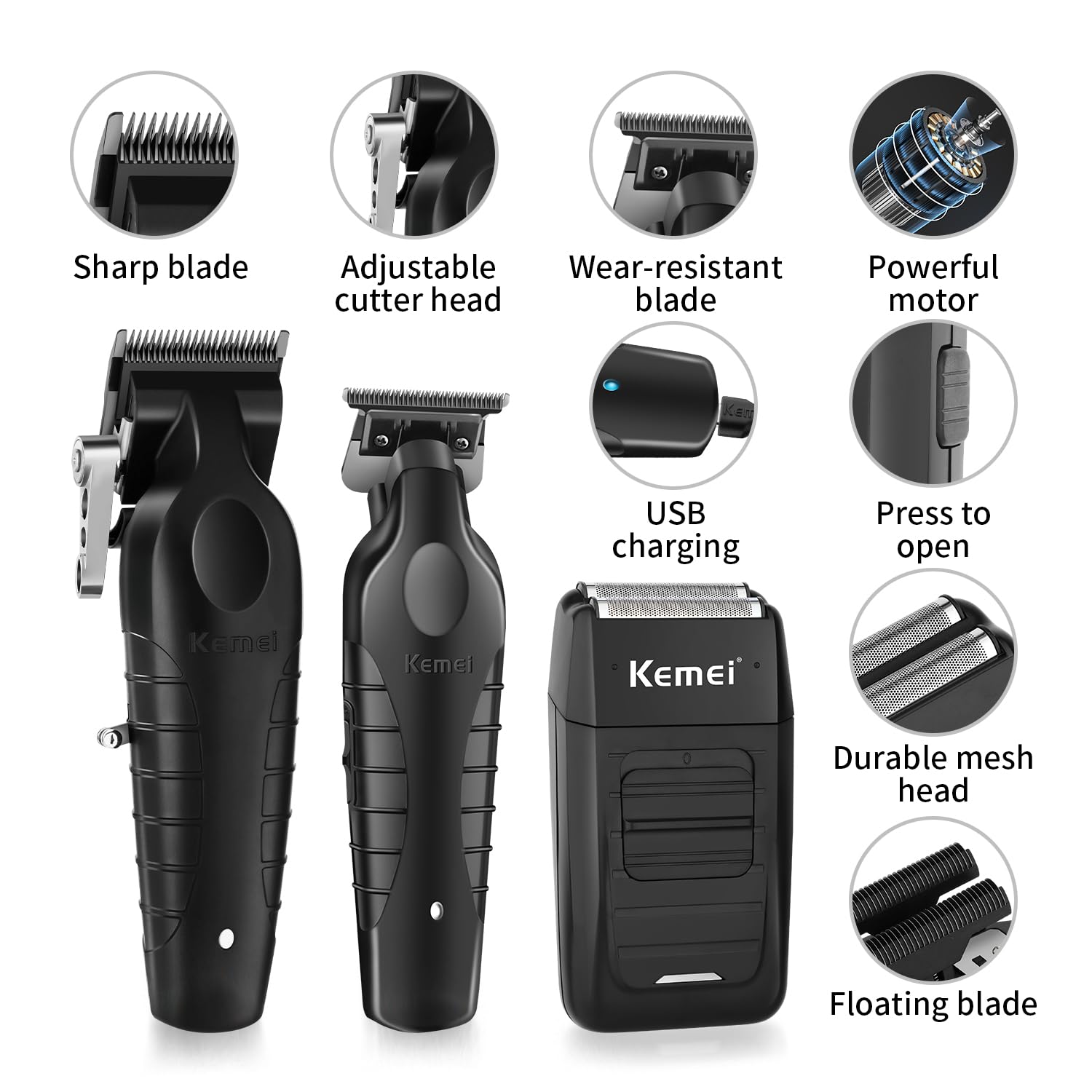 KEMEI trimmer with fade blade zoom for seamless fade grooming.