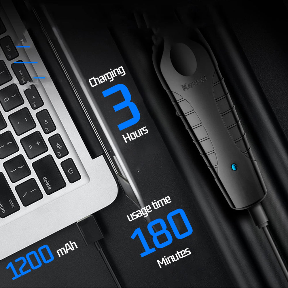 KEMEI USB charging port side view highlighting cordless power.