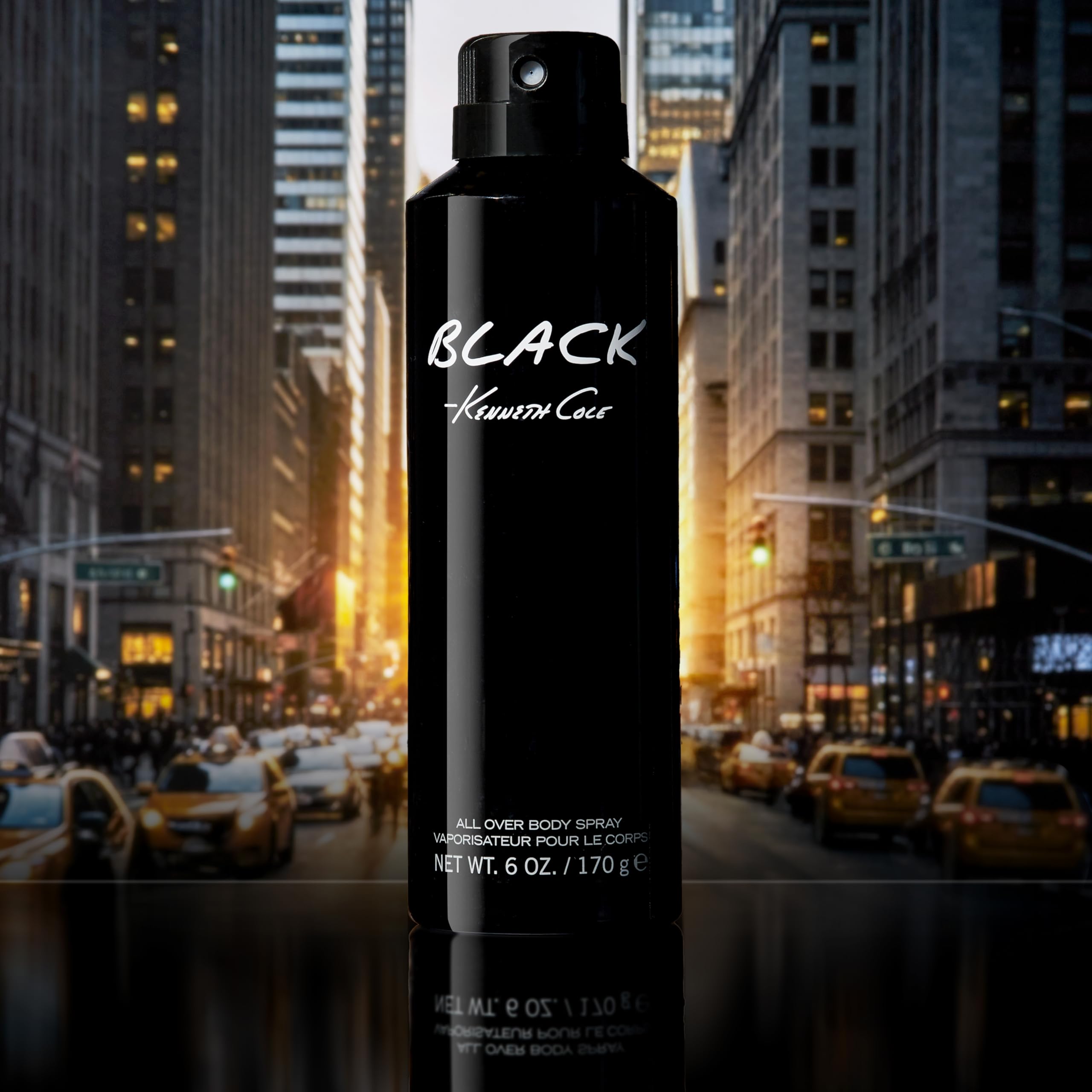Kenneth Cole Black bottle highlighting cedar and musk base notes for lasting depth.