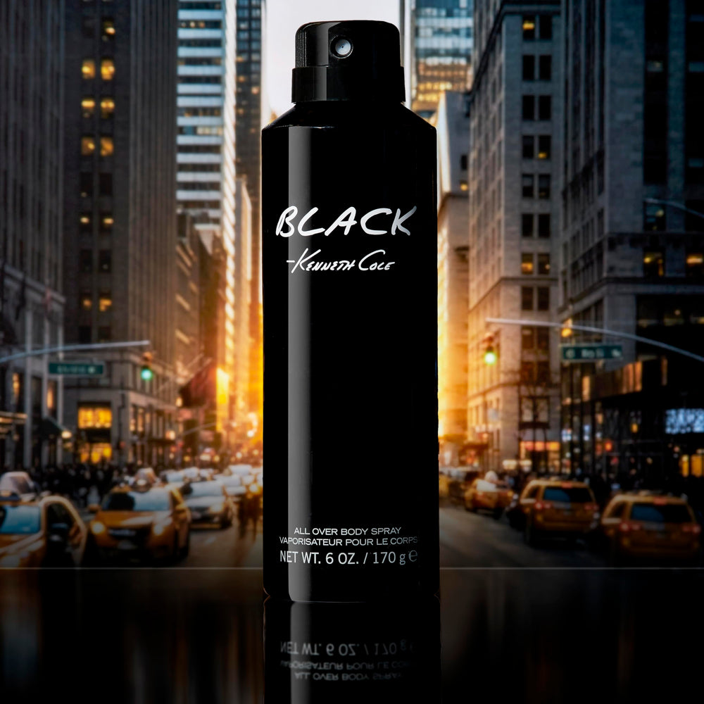 Kenneth Cole Black bottle highlighting cedar and musk base notes for lasting depth.