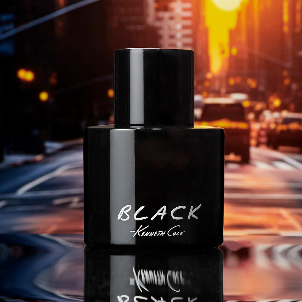 Kenneth Cole Black stacked glass bottle against bold packaging.