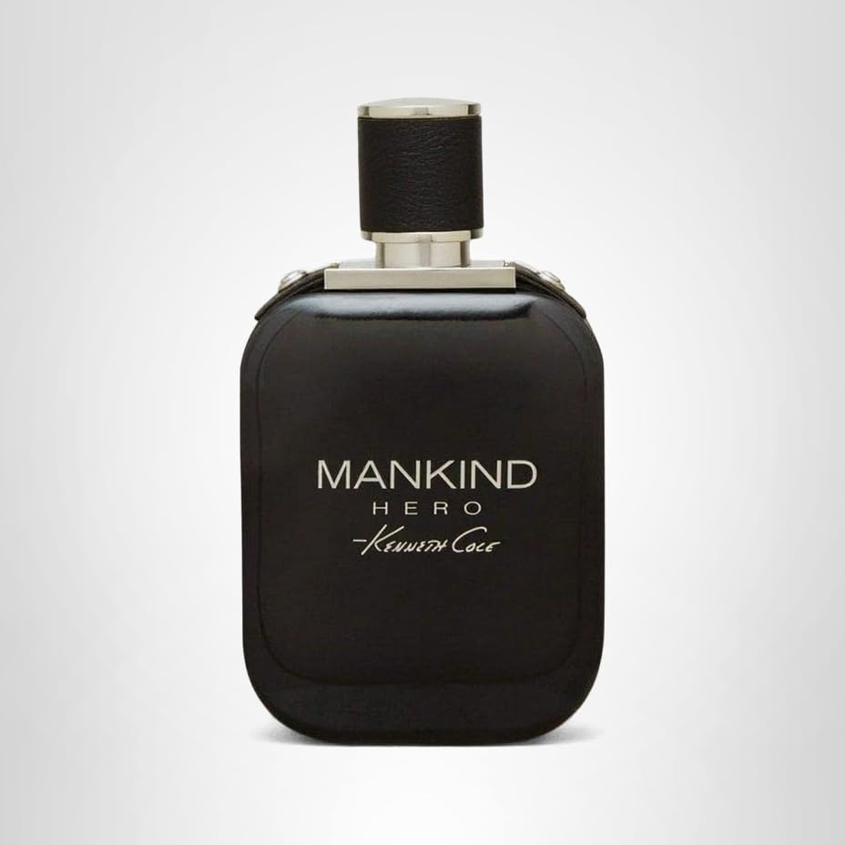 Kenneth Cole Mankind Hero bottle side view blending mountain freshness with warm wood notes.
