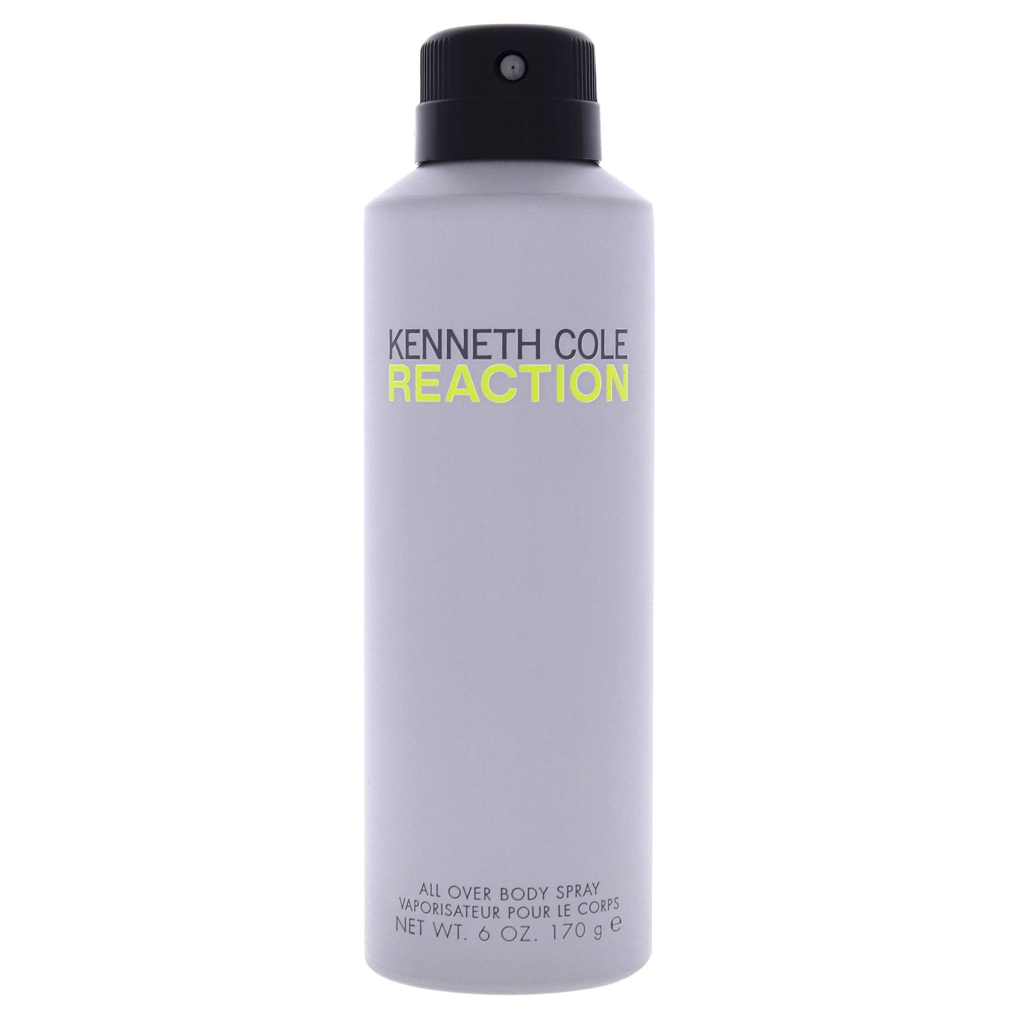 Kenneth Cole Reaction body spray bottle front view, indicating citrus-green woody freshness.