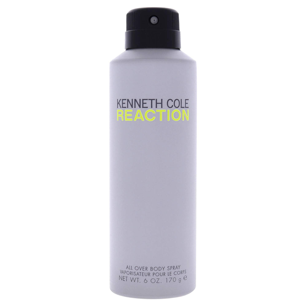 Kenneth Cole Reaction body spray bottle front view, indicating citrus-green woody freshness.