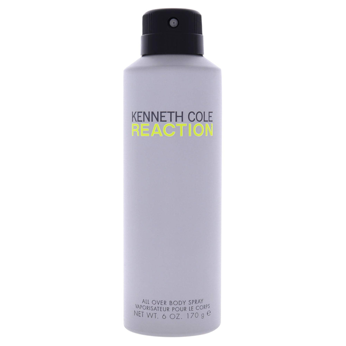 Kenneth Cole Reaction body spray bottle front view, indicating citrus-green woody freshness.