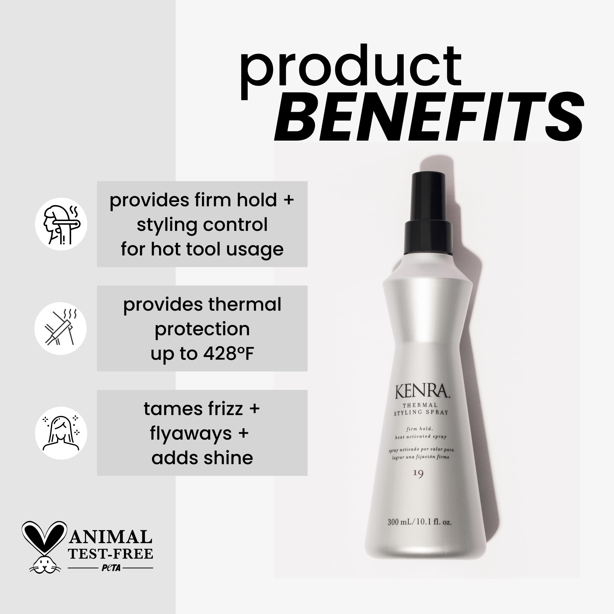 Kenra aerosol térmico con protección hasta 428 grados para herramientas de calor.