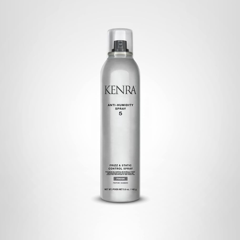Kenra Anti-Humidity Spray 5 shows 72-hour frizz protection on heat-styled hair.