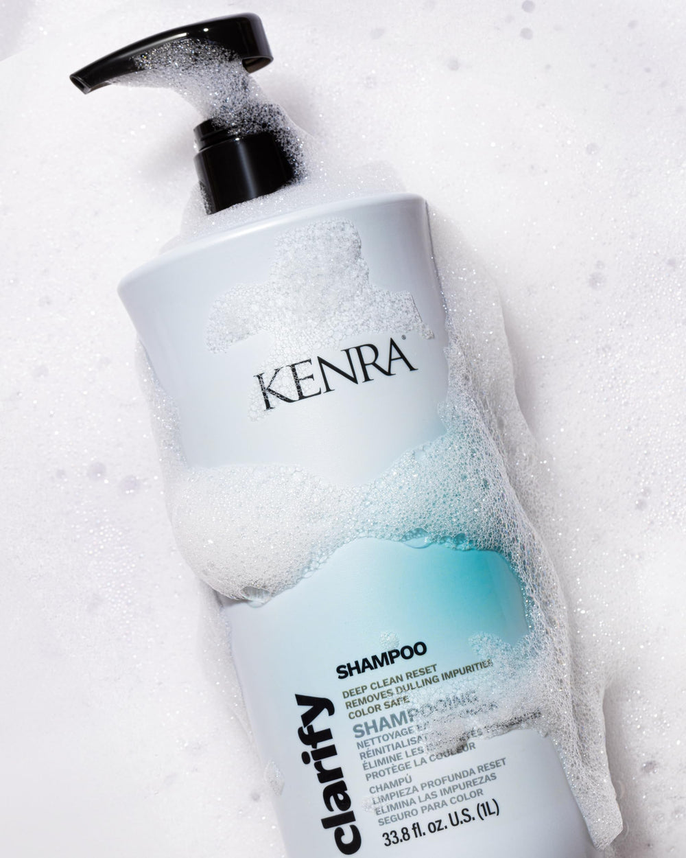 Kenra Clarify Shampoo wet hair closeup emphasizes cleansing action and mineral deposit removal.