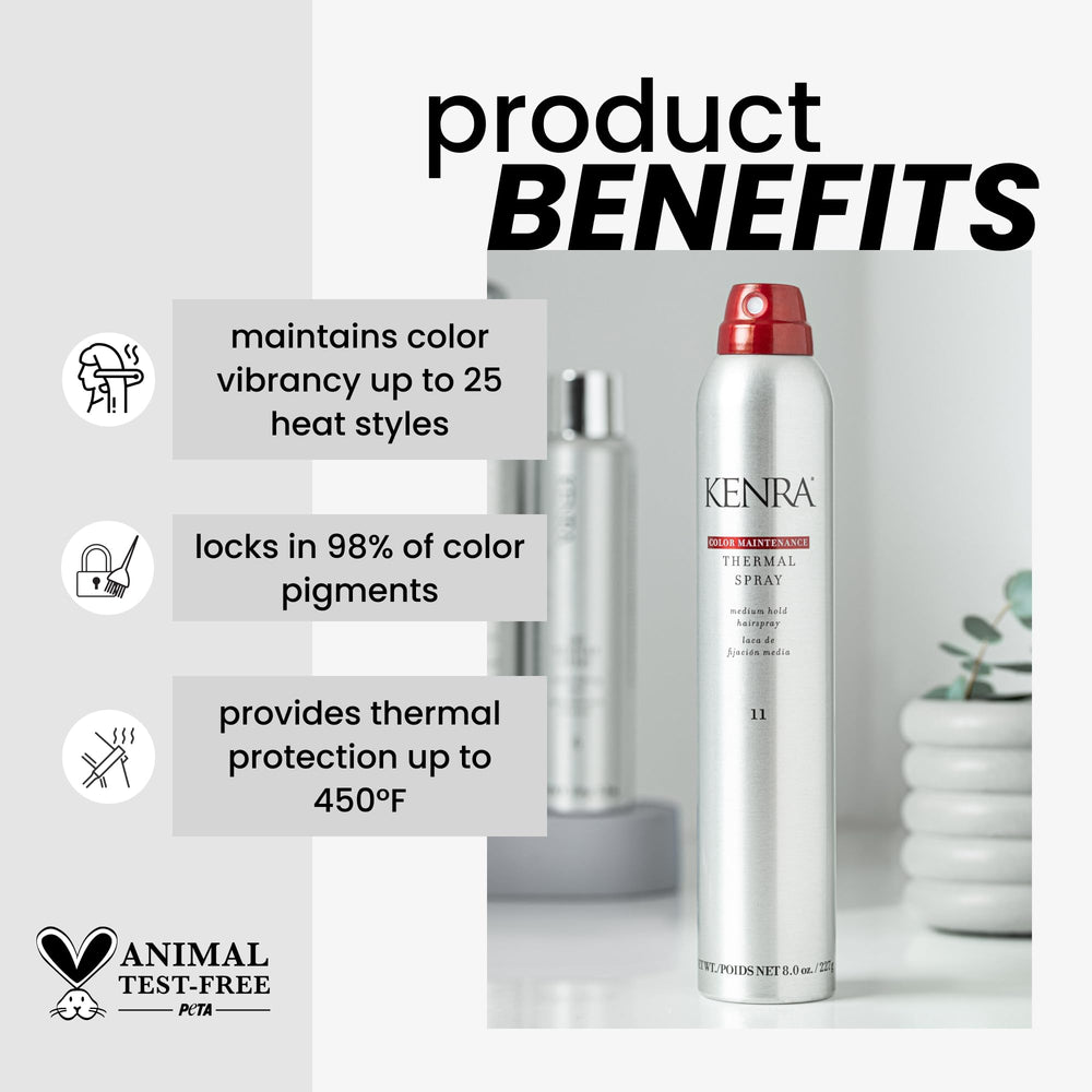Kenra Color Maintenance Thermal Spray 11 side view showcases sleek bottle for everyday use.