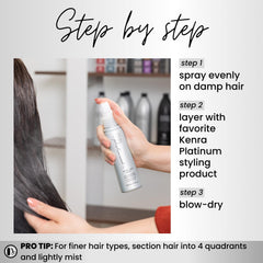 Kenra Platinum Blow-Dry Mist packaging showcases travel-friendly bottle.