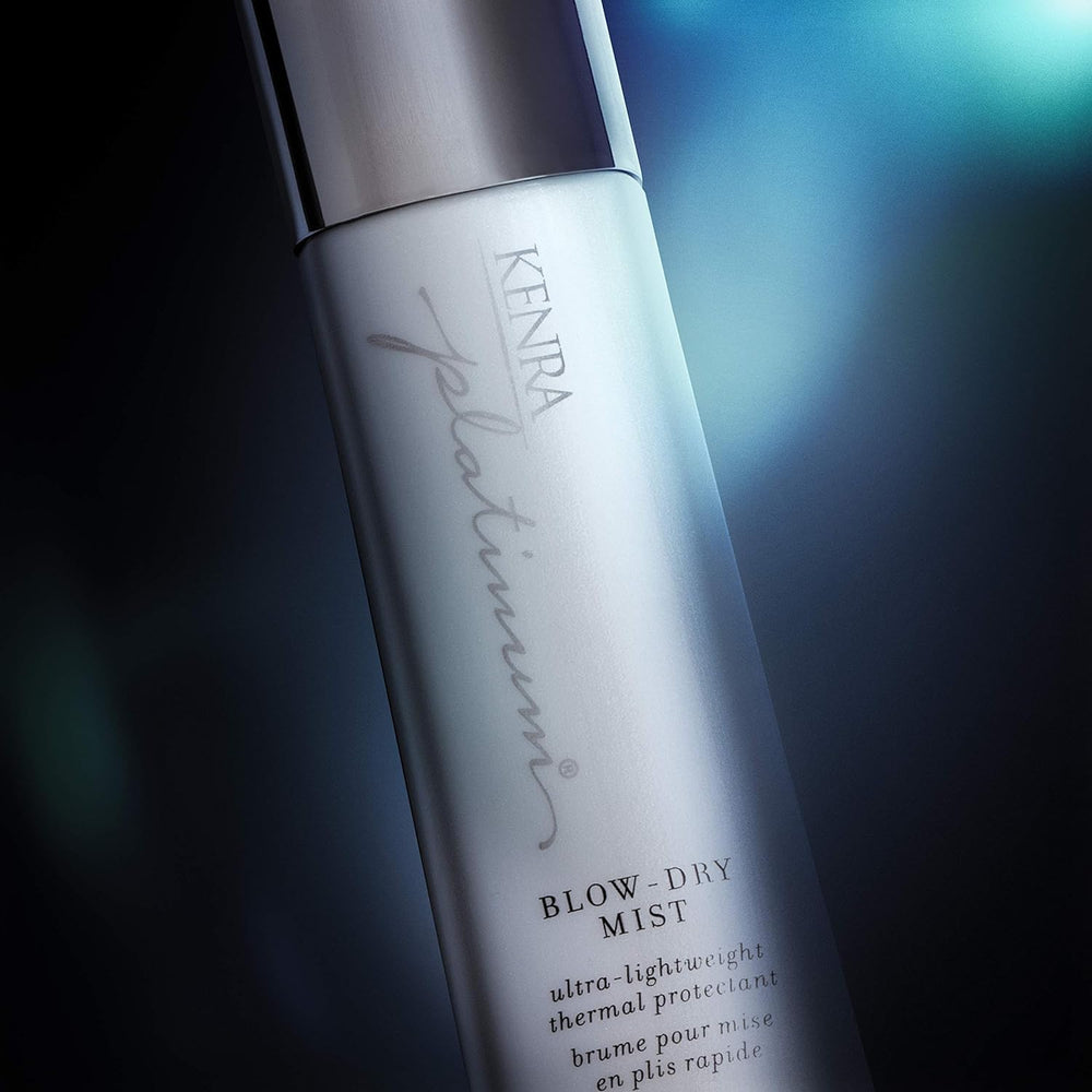 Kenra Platinum Blow-Dry Mist side-view emphasizes slim bottle design for easy grip.