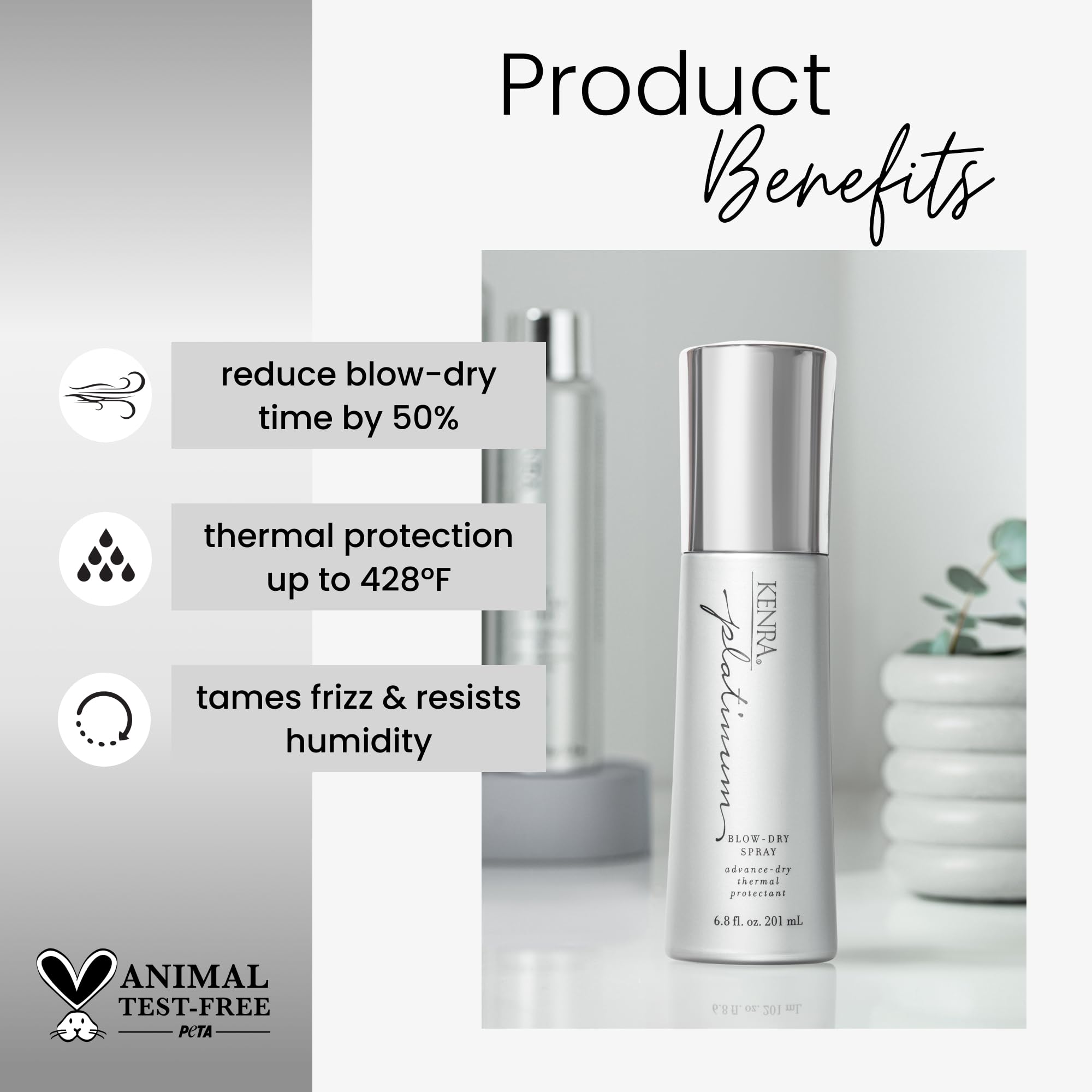 Kenra Platinum Blow-Dry Spray en atomizador facilita desenredar y suavizar el cabello medio a grueso.