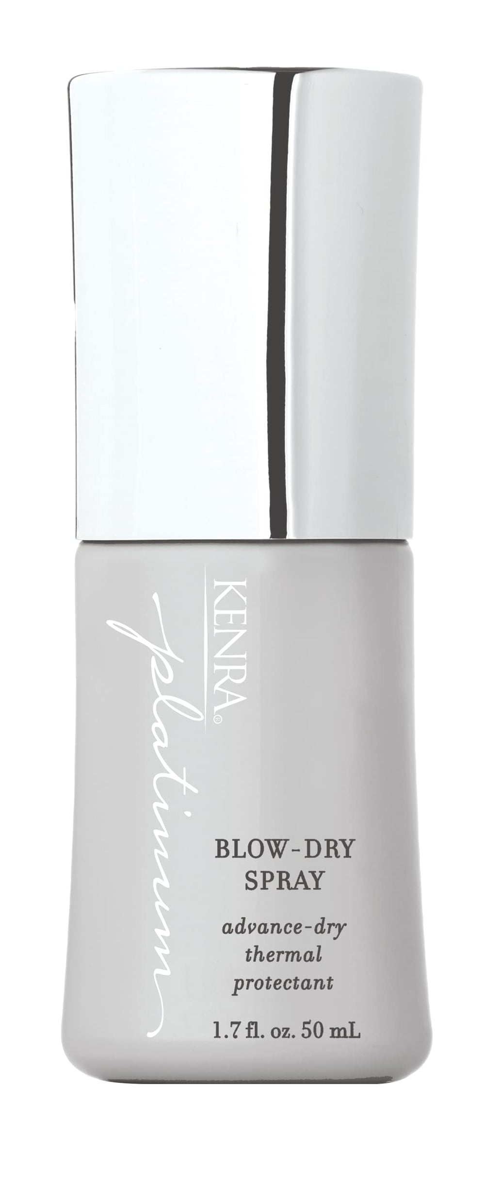 Kenra Platinum Blow-Dry Spray en botella ofrece protección térmica y secado más rápido para cabello medio a grueso.