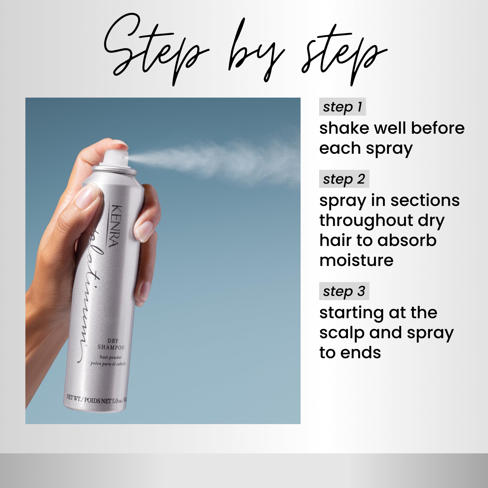 Applying Kenra Platinum Dry Shampoo on dry hair to absorb oil