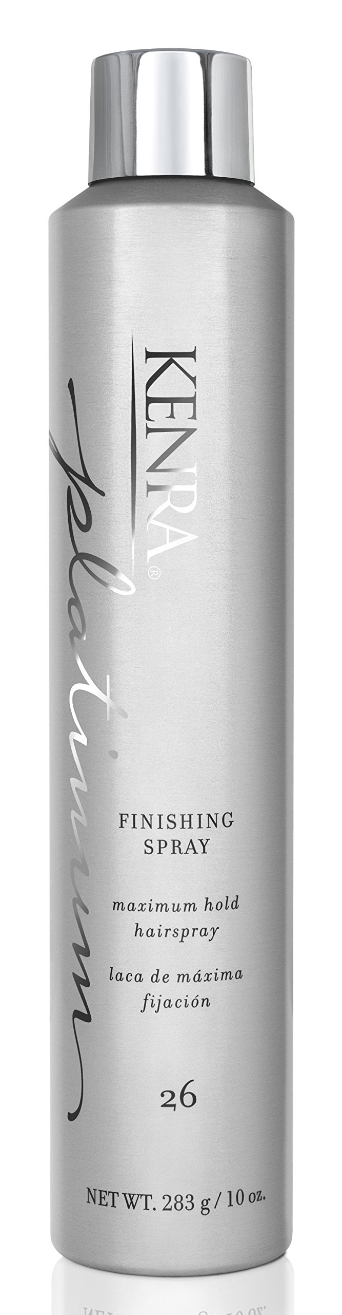 Kenra Platinum Finishing Spray 10oz bottle provides all-day hold for polished styles.