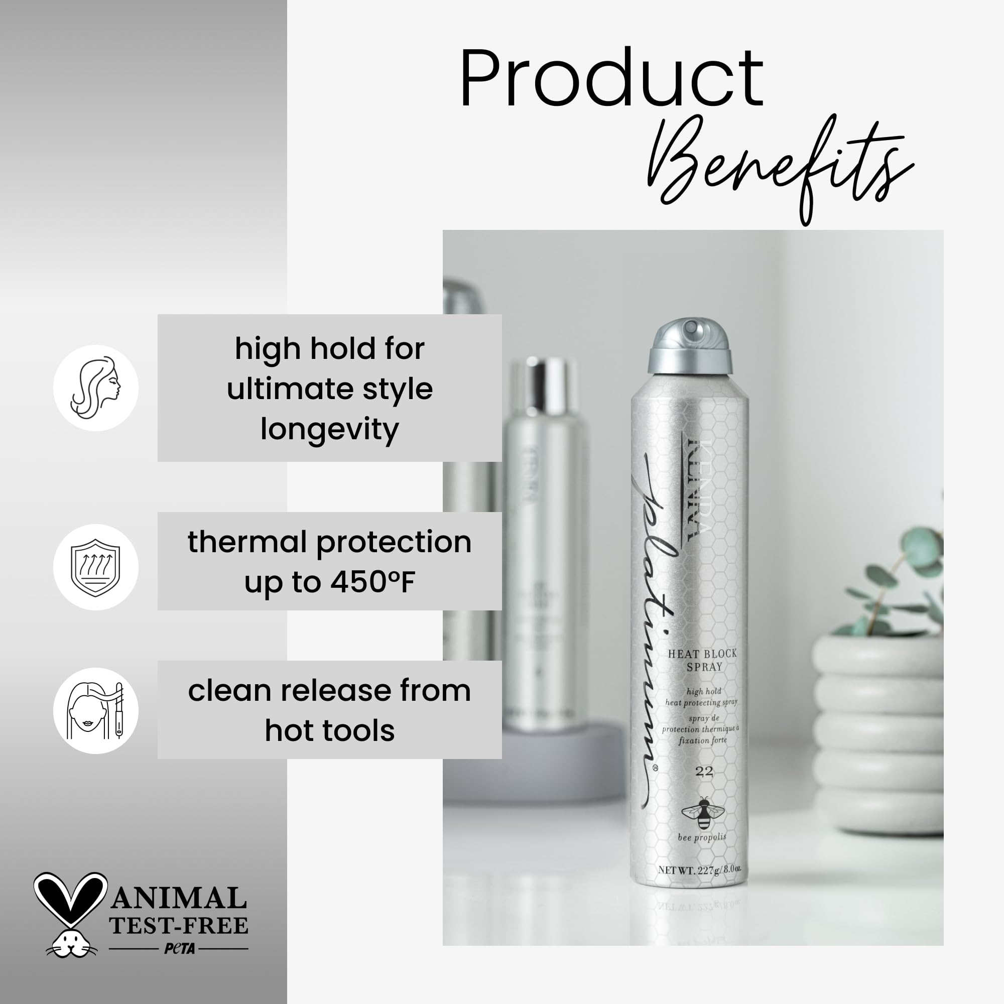 Kenra Platinum Heat Block Spray 22 ultra-fine mist being dispensed for heat protection.