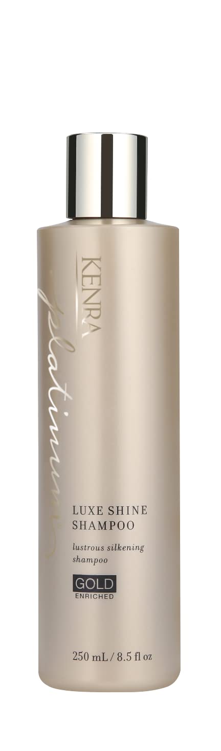Kenra Platinum Lujo Brillo Shampoo, botella dorada, brillo profesional y suavidad diaria.
