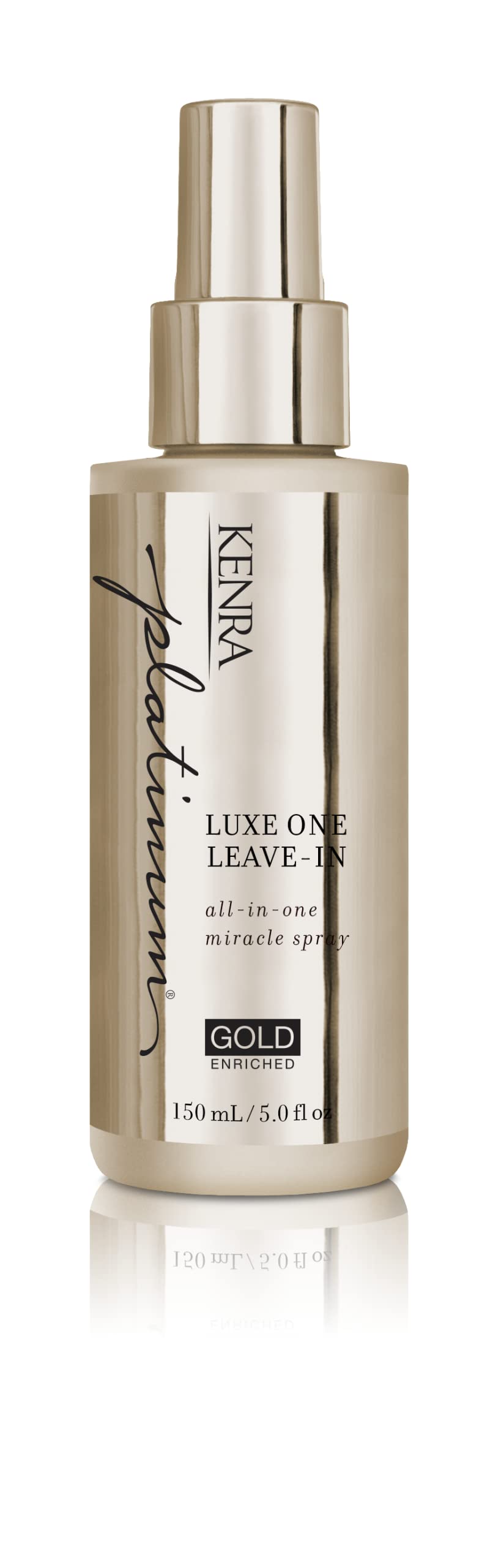 Kenra Platinum Luxe One Leave-In bottle with gold accents delivering opulent slip and shine.